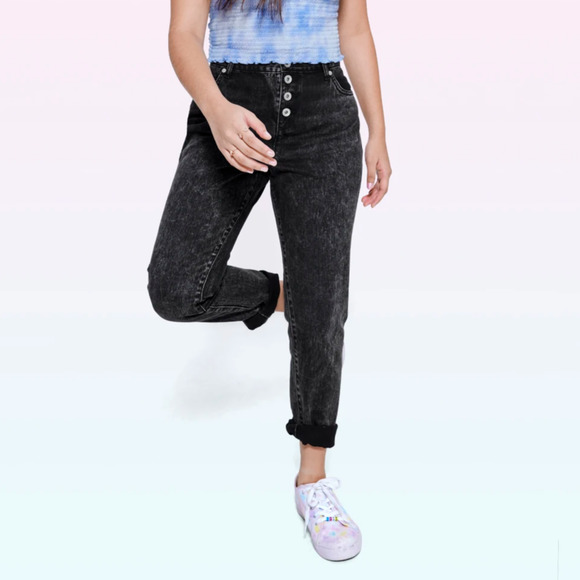 Sugar & Jade Girls Button Front High Rise Girlfriend Denim Straight Jeans - Picture 1 of 9